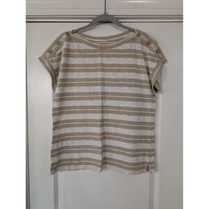 Talbots Button Shoulder Tee - Stripe women's large tan neutral cotton mod